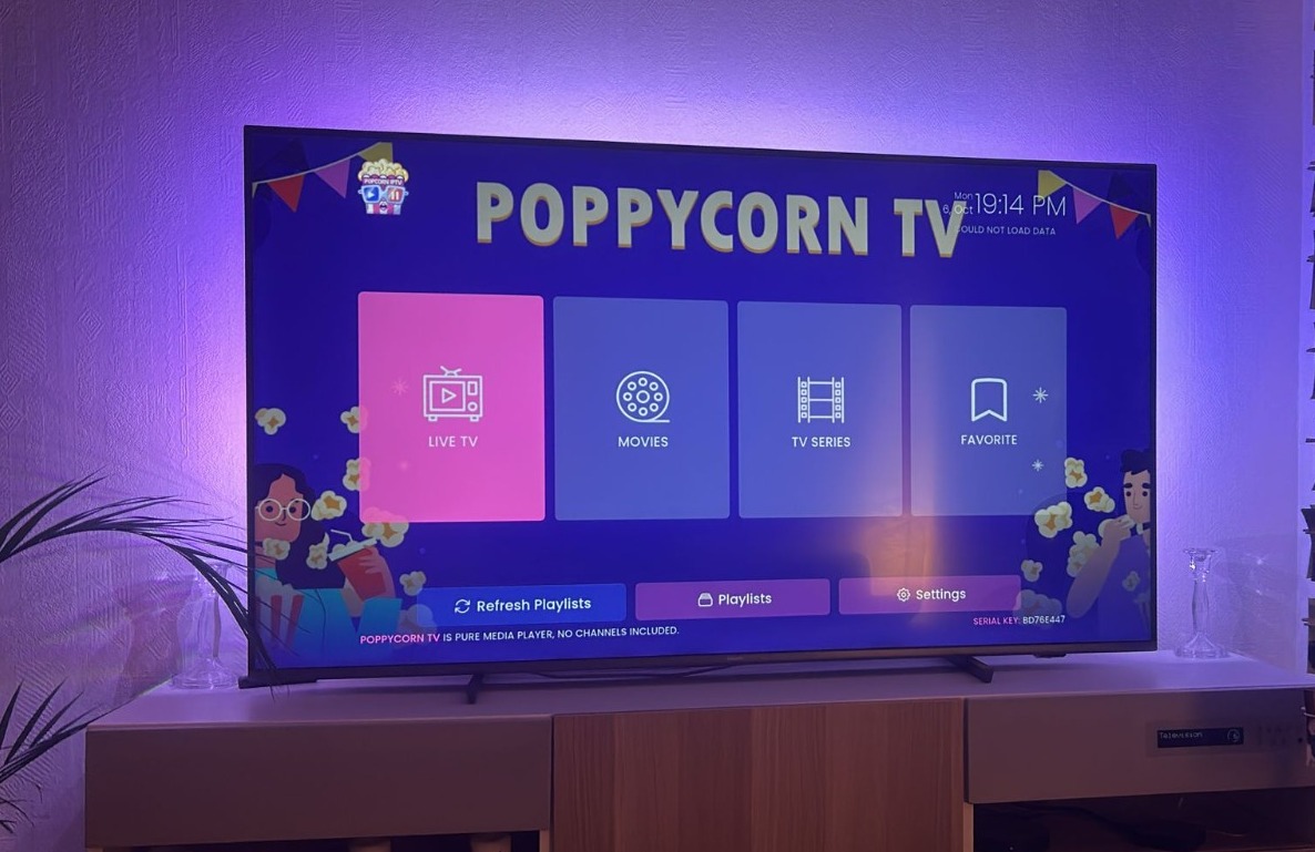 Poppycorn TV on a real Smart TV with purple ambient lighting